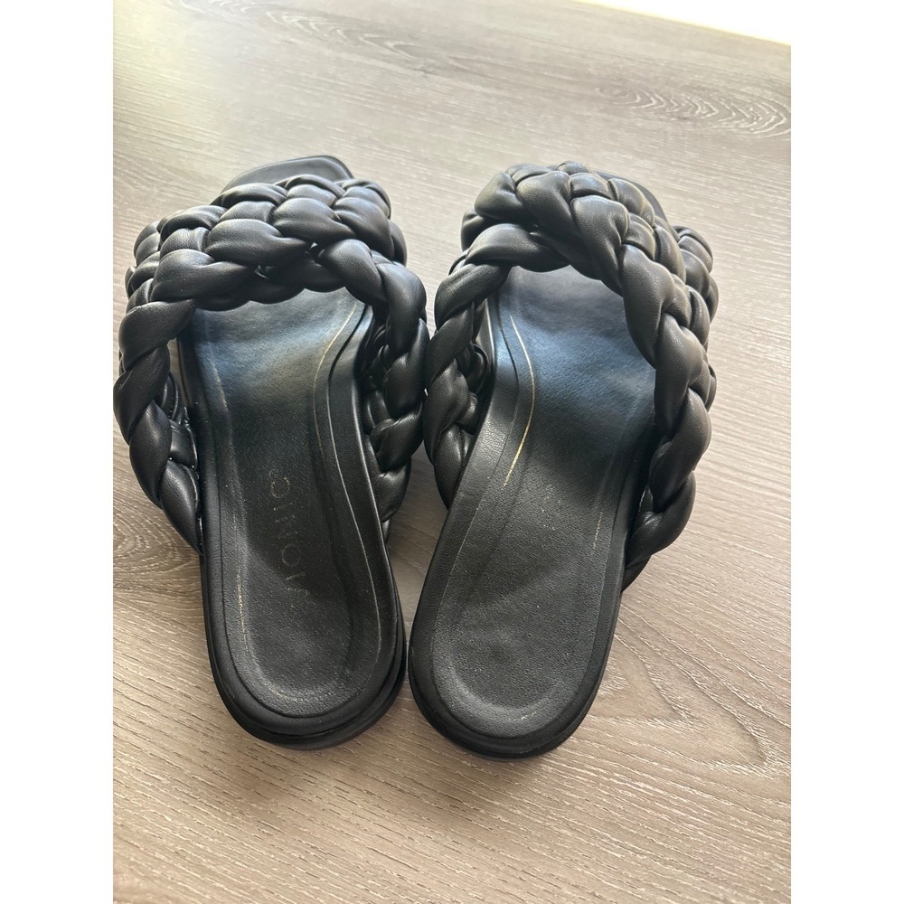 Vionic Womens 9 Black Braided Leather Slide Sandals Square Toe Flat Cross Strap - Picture 4 of 5